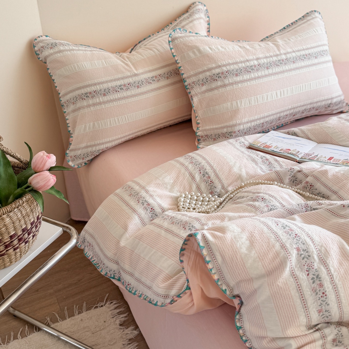 91家纺网 家纺一手货源 找家纺 （总）觅糖家纺 2025新款色织提花水洗棉贝壳边三角针四件套