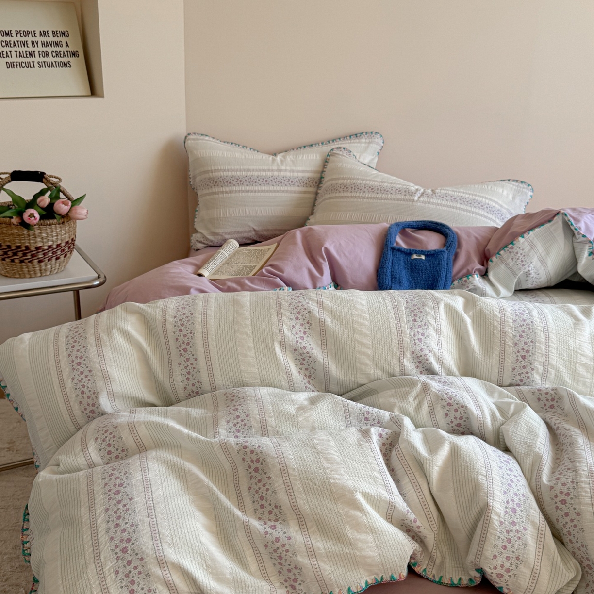 91家纺网 家纺一手货源 找家纺 觅糖家纺 2025新款色织提花水洗棉贝壳边三角针四件套 青黛