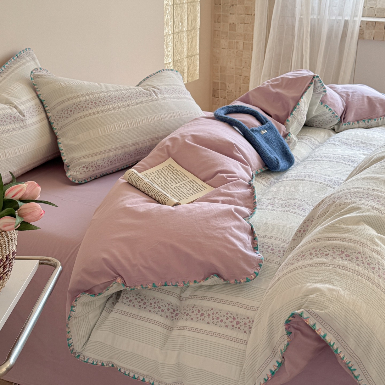 91家纺网 家纺一手货源 找家纺 觅糖家纺 2025新款色织提花水洗棉贝壳边三角针四件套 青黛