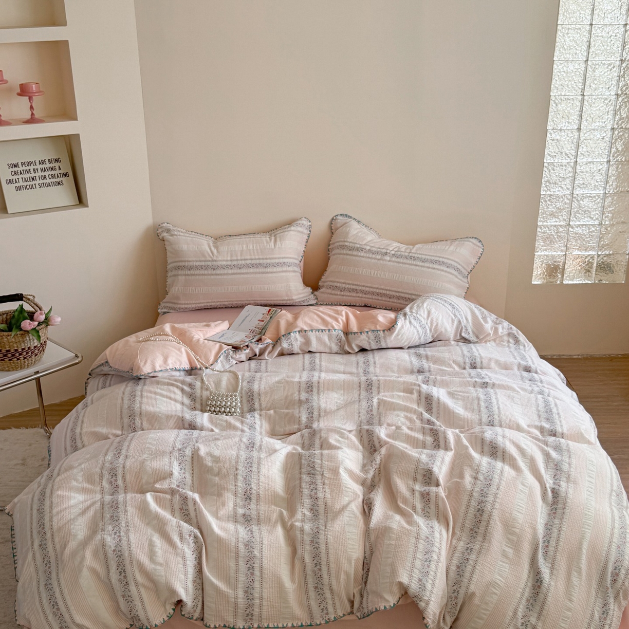 91家纺网 家纺一手货源 找家纺 觅糖家纺 2025新款色织提花水洗棉贝壳边三角针四件套 芳菲