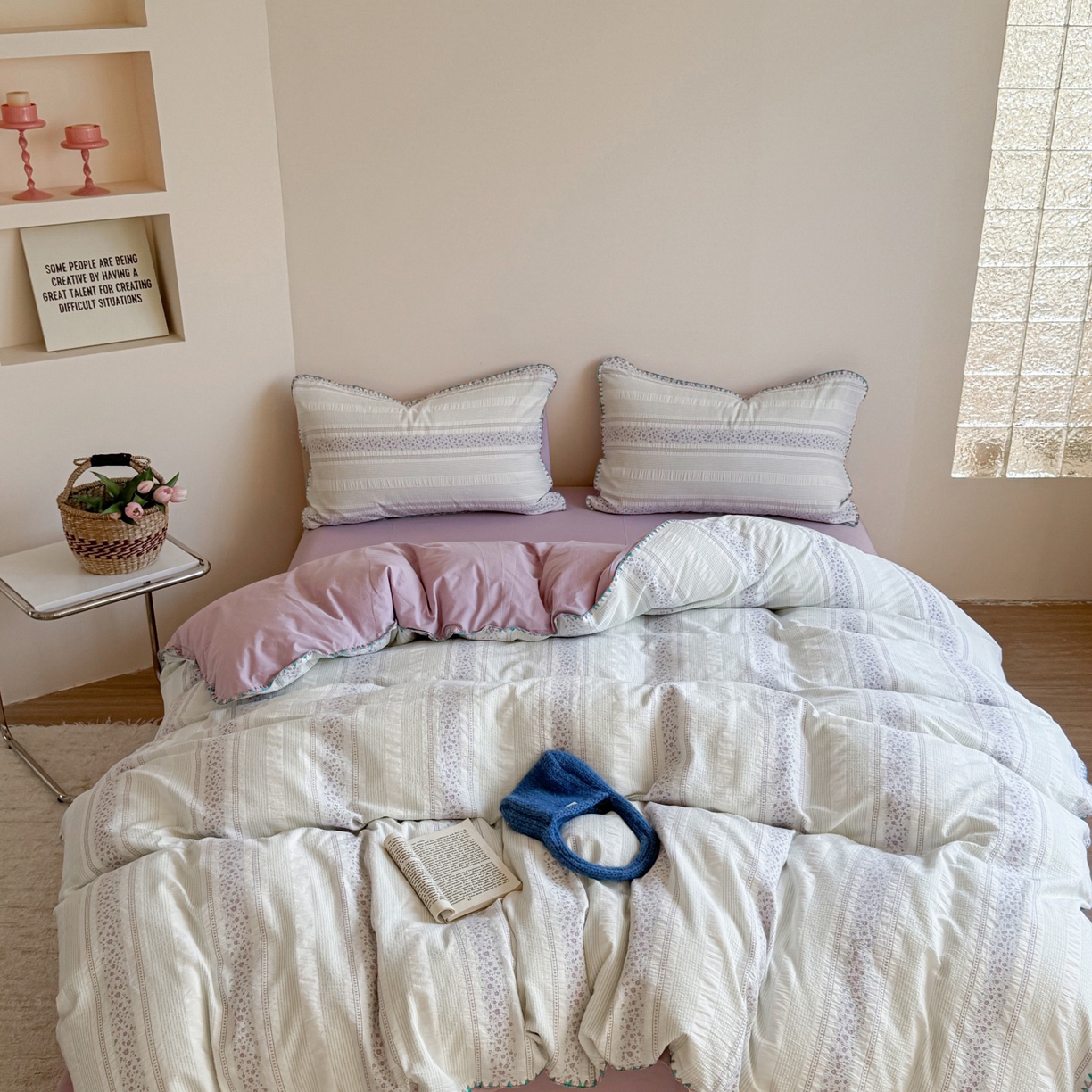 91家纺网 家纺一手货源 找家纺 觅糖家纺 2025新款色织提花水洗棉贝壳边三角针四件套 青黛