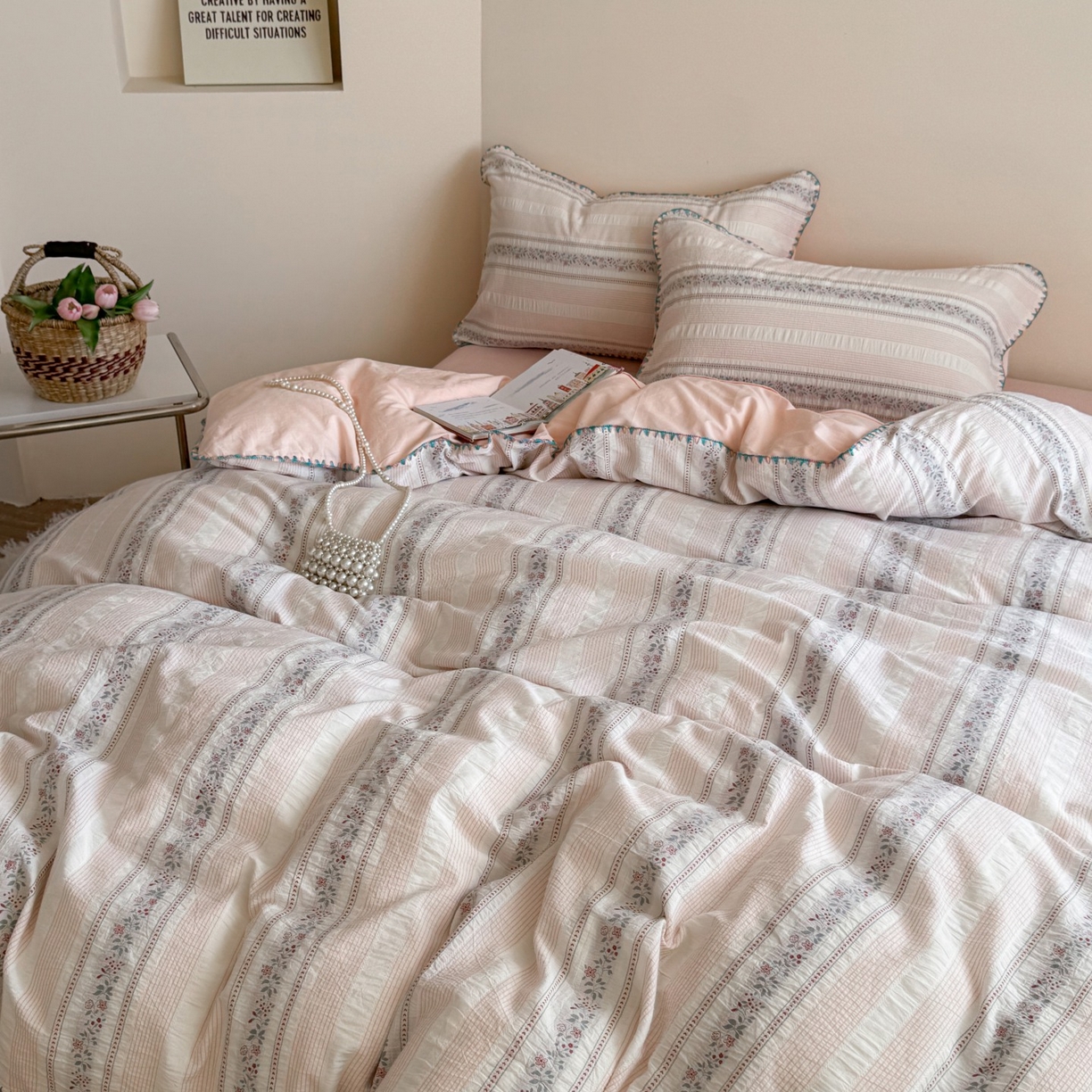 91家纺网 家纺一手货源 找家纺 觅糖家纺 2025新款色织提花水洗棉贝壳边三角针四件套 芳菲