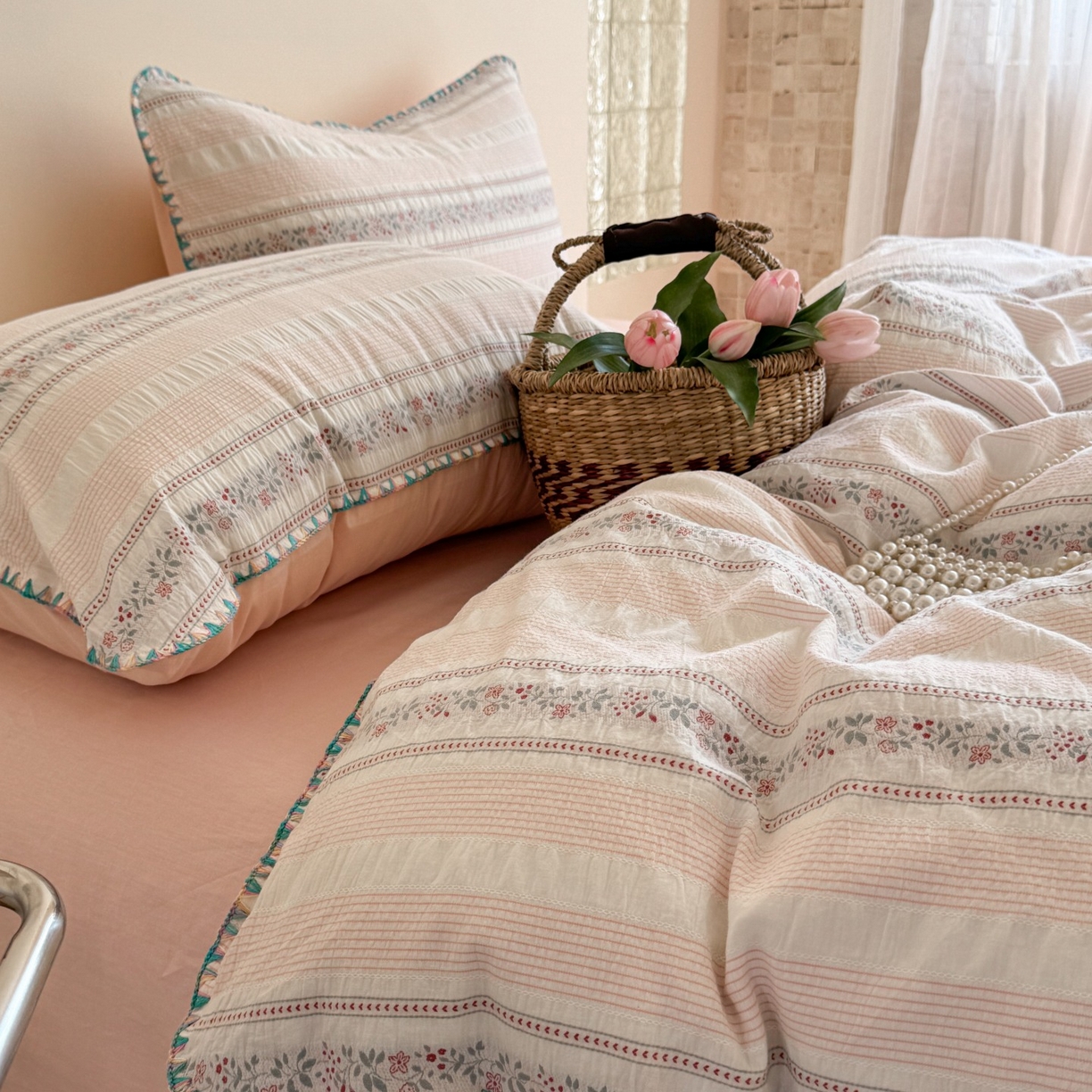 91家纺网 家纺一手货源 找家纺 觅糖家纺 2025新款色织提花水洗棉贝壳边三角针四件套 芳菲