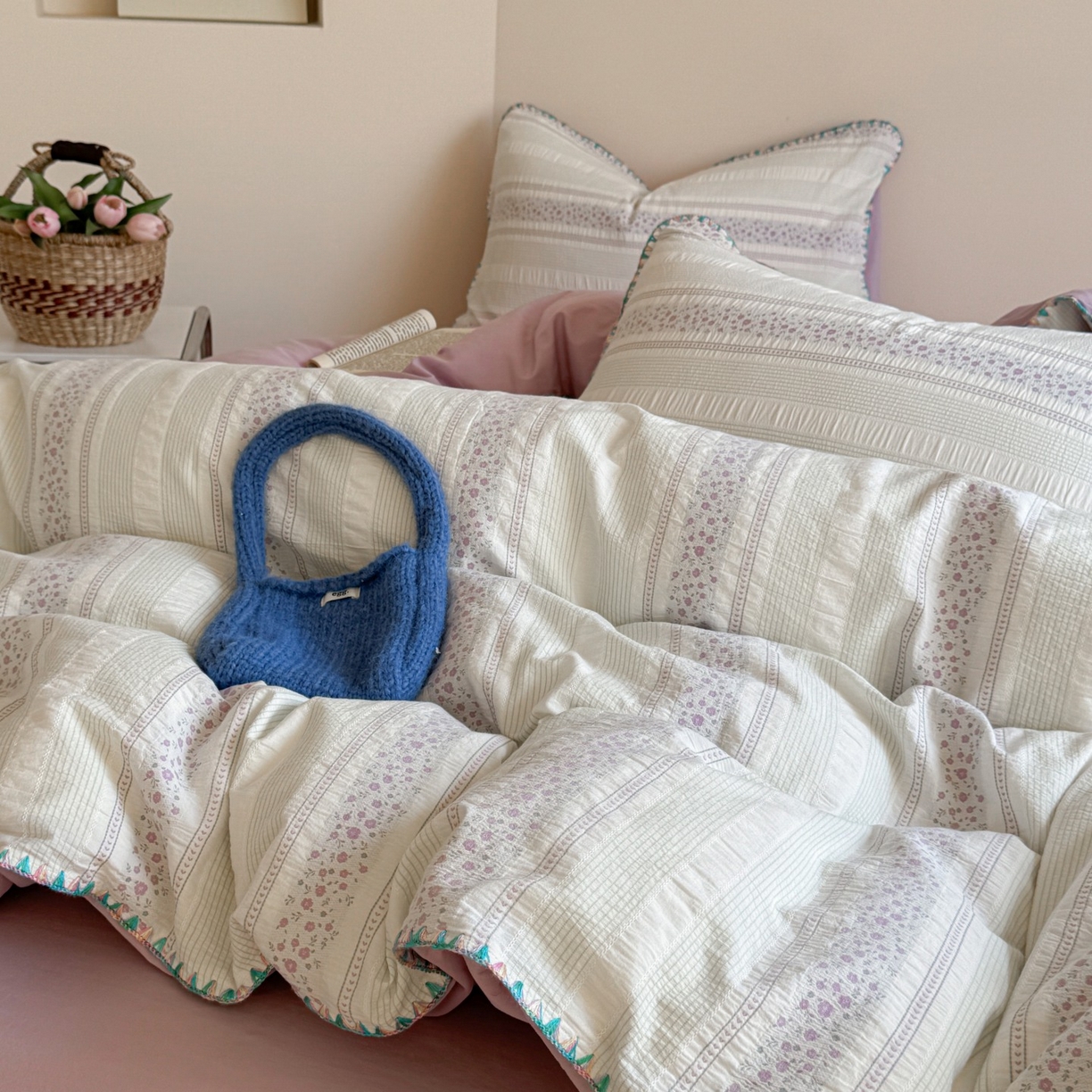 91家纺网 家纺一手货源 找家纺 觅糖家纺 2025新款色织提花水洗棉贝壳边三角针四件套 青黛