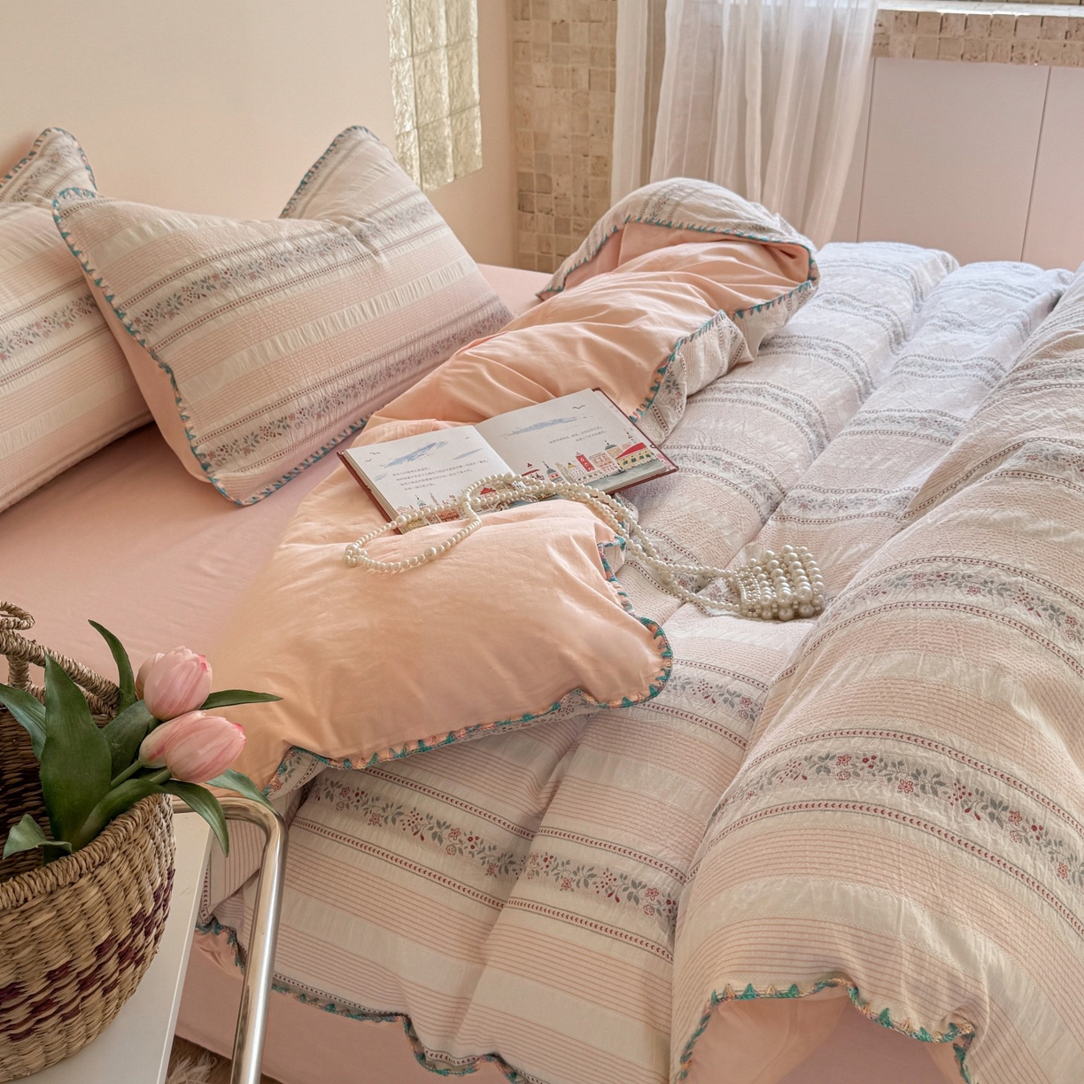 91家纺网 家纺一手货源 找家纺 （总）觅糖家纺 2025新款色织提花水洗棉贝壳边三角针四件套