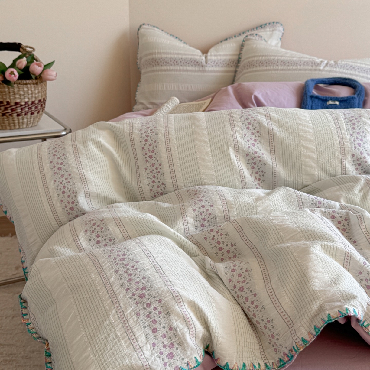 91家纺网 家纺一手货源 找家纺 觅糖家纺 2025新款色织提花水洗棉贝壳边三角针四件套 青黛