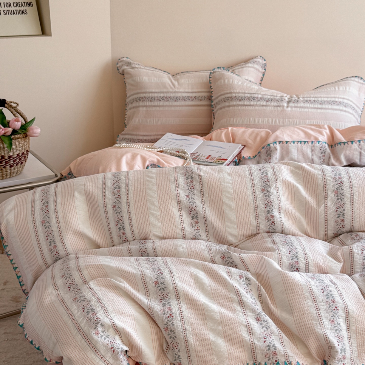 91家纺网 家纺一手货源 找家纺 （总）觅糖家纺 2025新款色织提花水洗棉贝壳边三角针四件套