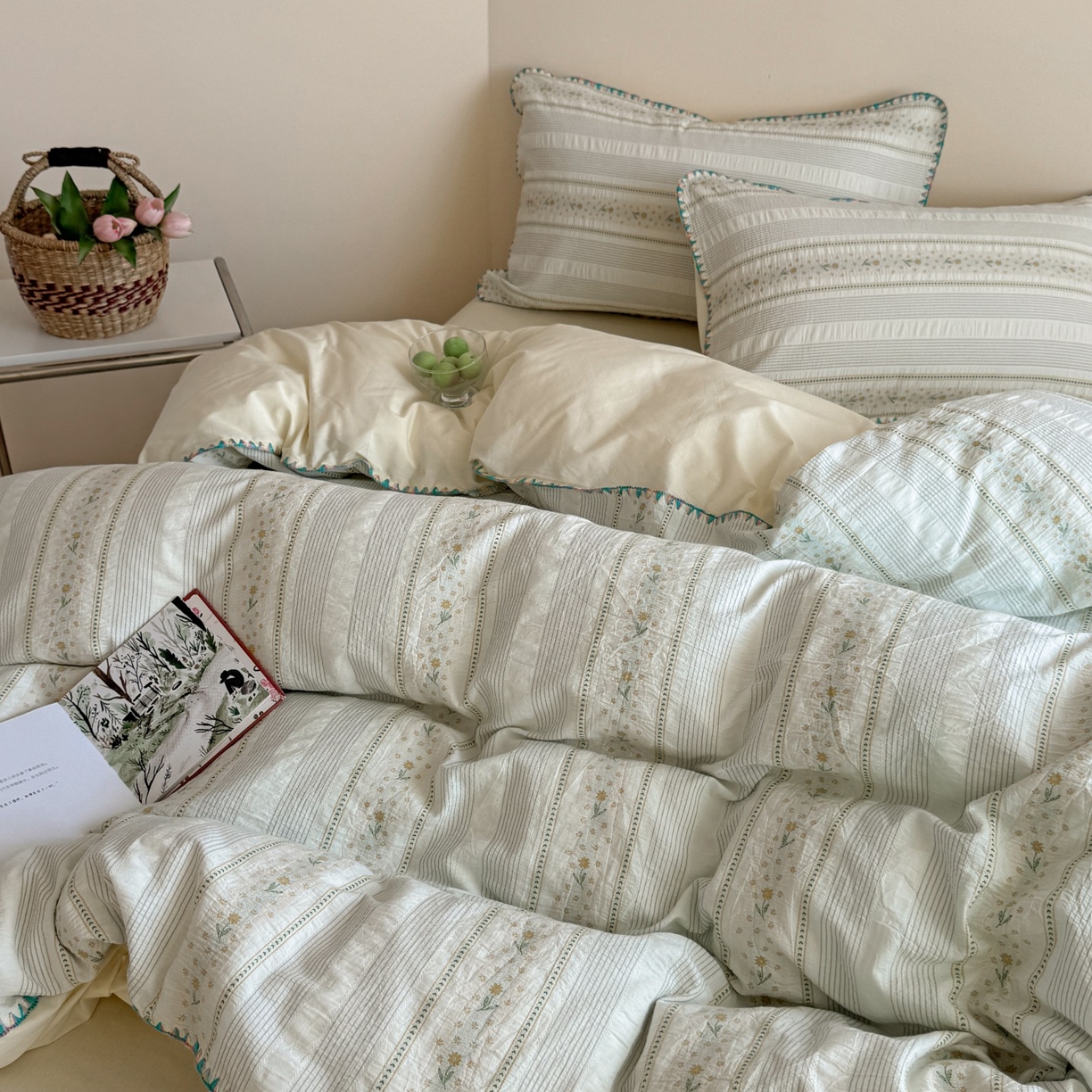 91家纺网 家纺一手货源 找家纺 觅糖家纺 2025新款色织提花水洗棉贝壳边三角针四件套 枝意