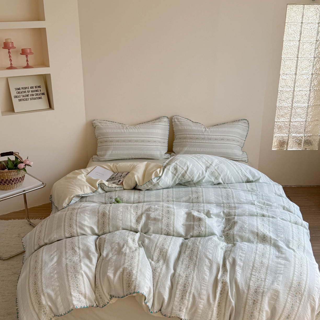 91家纺网 家纺一手货源 找家纺 觅糖家纺 2025新款色织提花水洗棉贝壳边三角针四件套 枝意