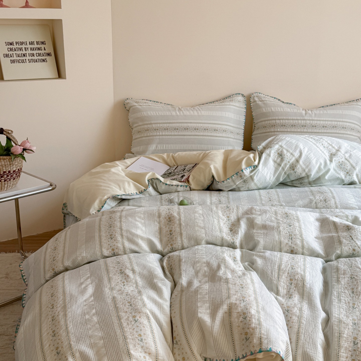 91家纺网 家纺一手货源 找家纺 觅糖家纺 2025新款色织提花水洗棉贝壳边三角针四件套 枝意