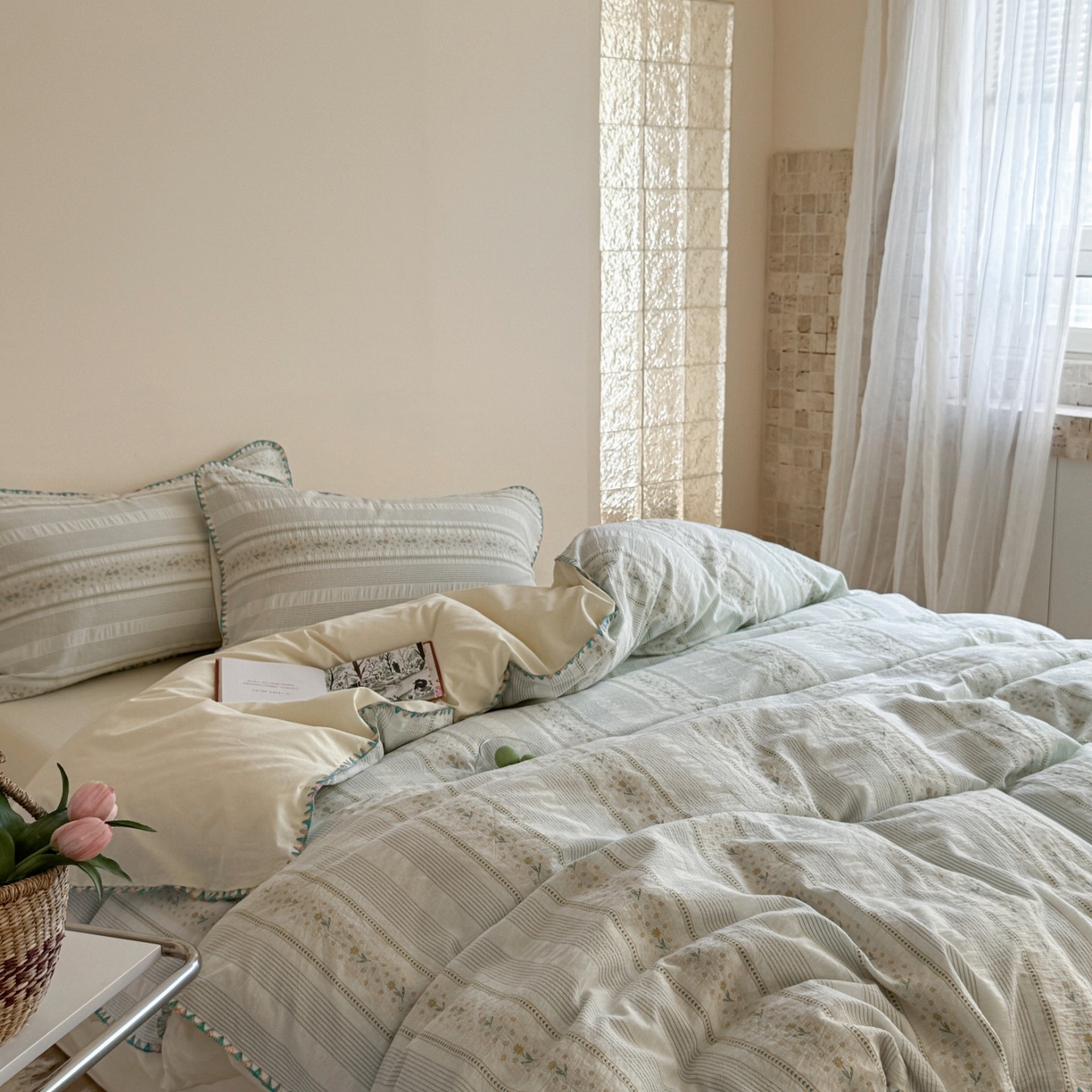 91家纺网 家纺一手货源 找家纺 觅糖家纺 2025新款色织提花水洗棉贝壳边三角针四件套 枝意