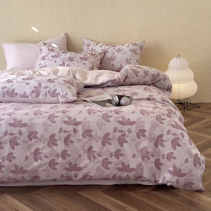 91家纺网 家纺一手货源 找家纺 琪格格纺织 2025新款全棉A类色织三层纱提花四件套 三层纱 枫韵-紫