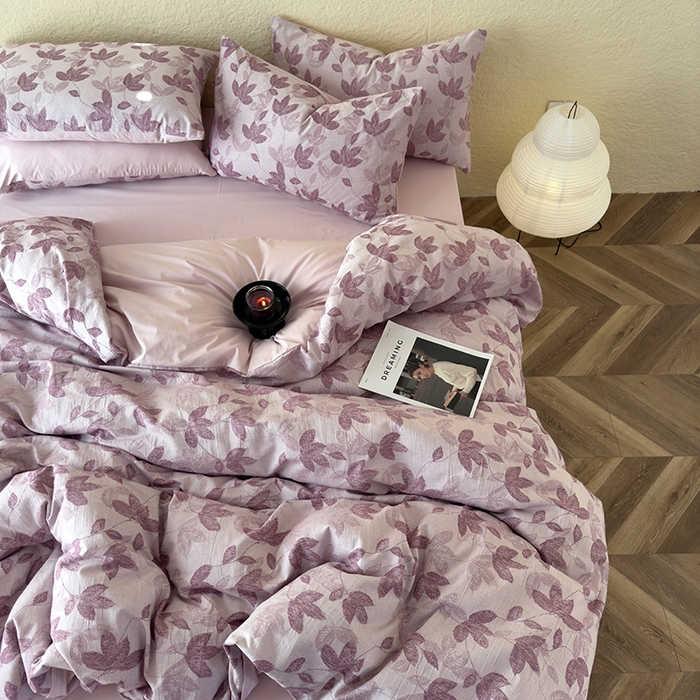 91家纺网 家纺一手货源 找家纺 琪格格纺织 2025新款全棉A类色织三层纱提花四件套 三层纱 枫韵-紫