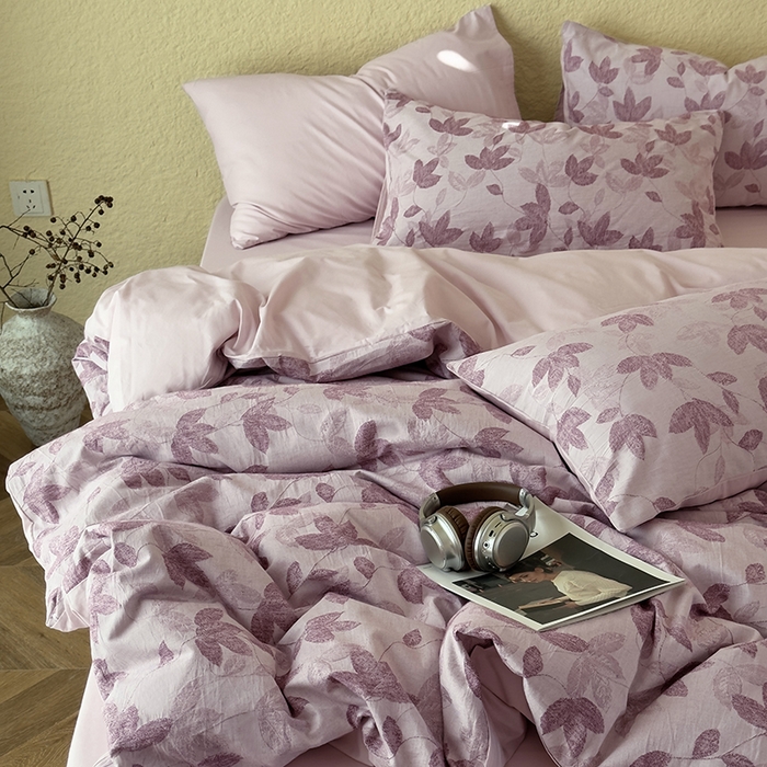 91家纺网 家纺一手货源 找家纺 琪格格纺织 2025新款全棉A类色织三层纱提花四件套 三层纱 枫韵-紫