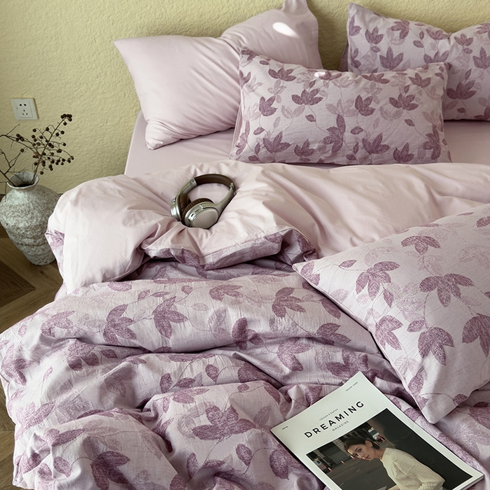 91家纺网 家纺一手货源 找家纺 琪格格纺织 2025新款全棉A类色织三层纱提花四件套 三层纱 枫韵-紫