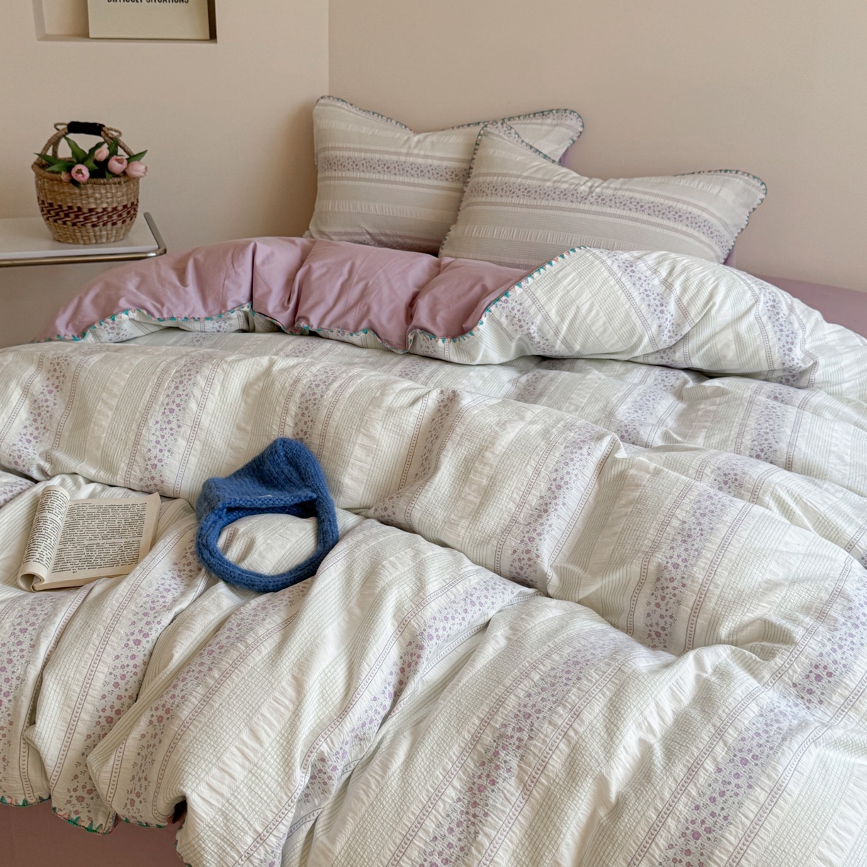 91家纺网 家纺一手货源 找家纺 觅糖家纺 2025新款色织提花水洗棉贝壳边三角针四件套 青黛