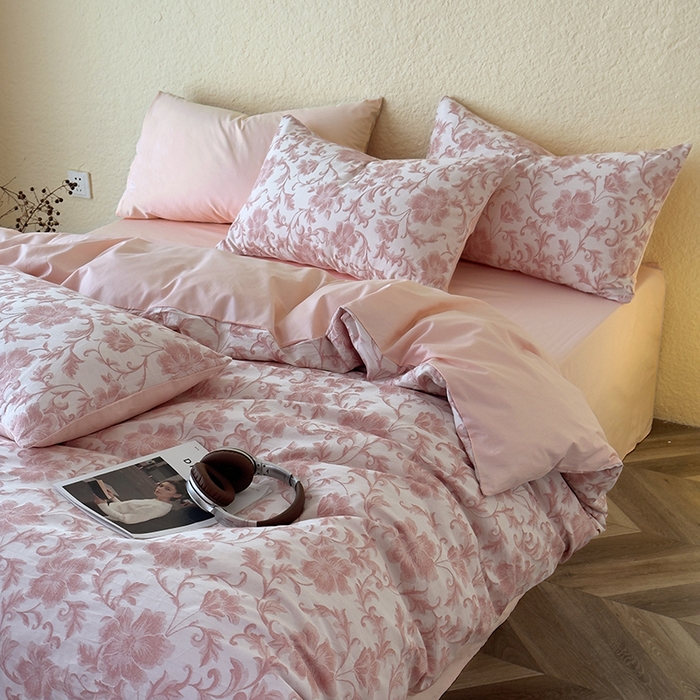 91家纺网 家纺一手货源 找家纺 琪格格纺织 2025新款全棉A类色织三层纱提花四件套 三层纱 胧月-粉