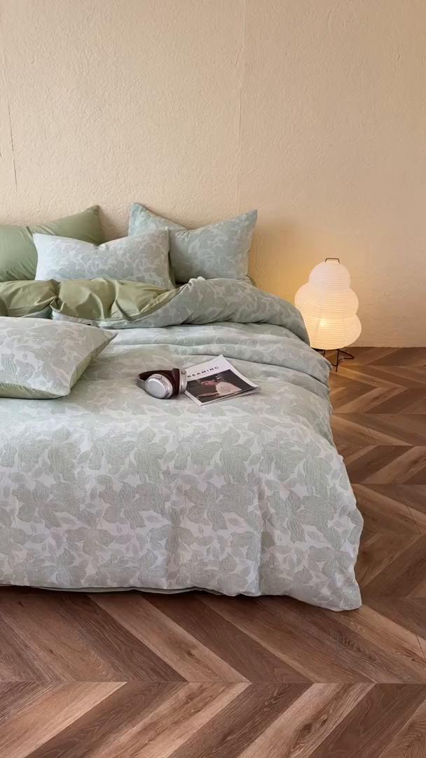 91家纺网 家纺一手货源 找家纺 琪格格纺织 2025新款全棉A类色织三层纱提花四件套 三层纱 唐顿庄园-绿