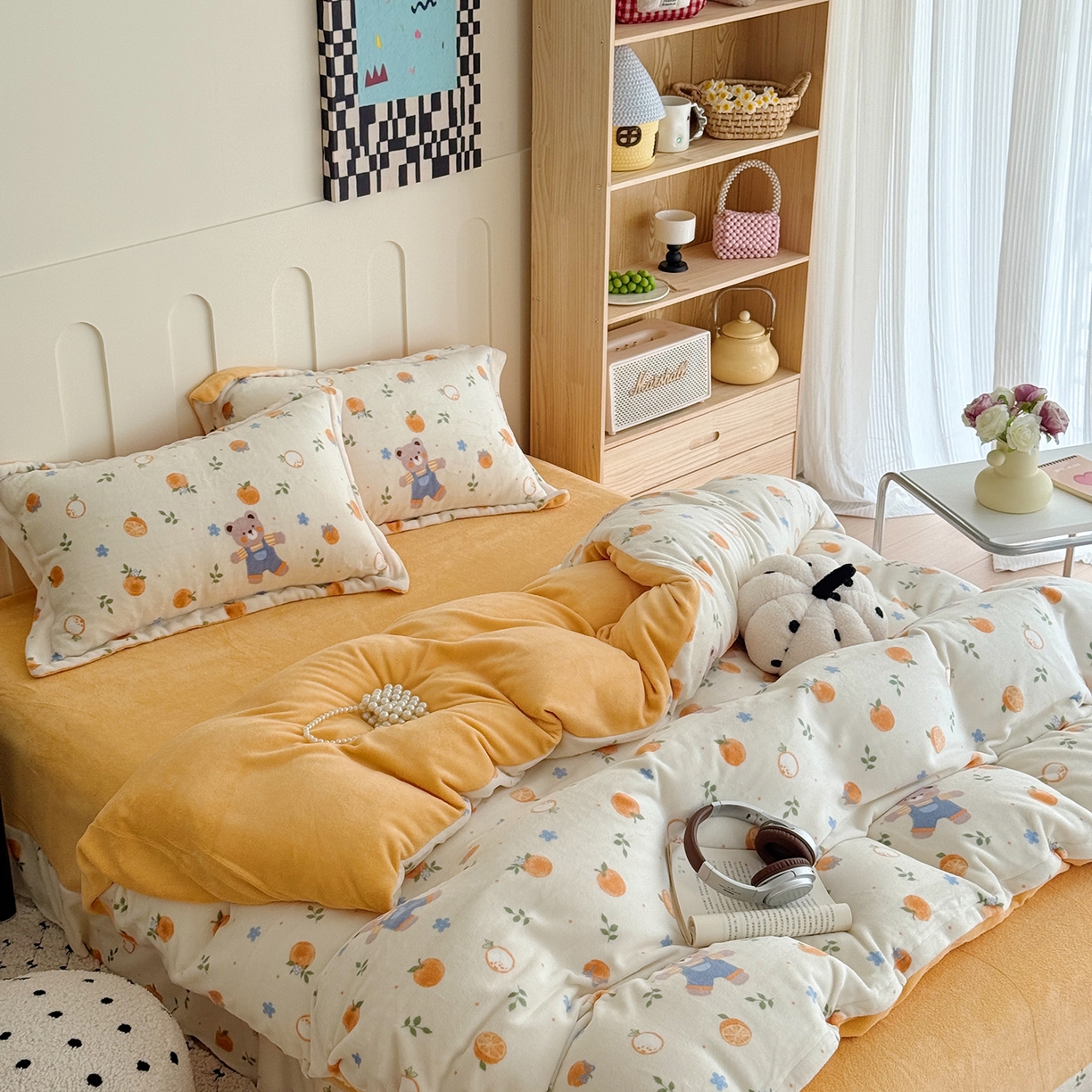 91家纺网 家纺一手货源 找家纺 于果 2025新款牛奶绒印花四件套 橙香梦境