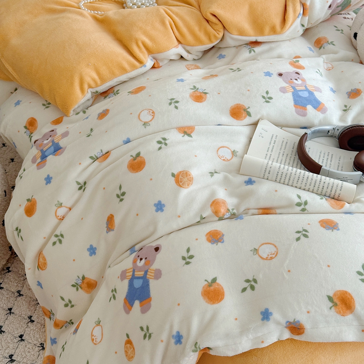 91家纺网 家纺一手货源 找家纺 于果 2025新款牛奶绒印花四件套 橙香梦境