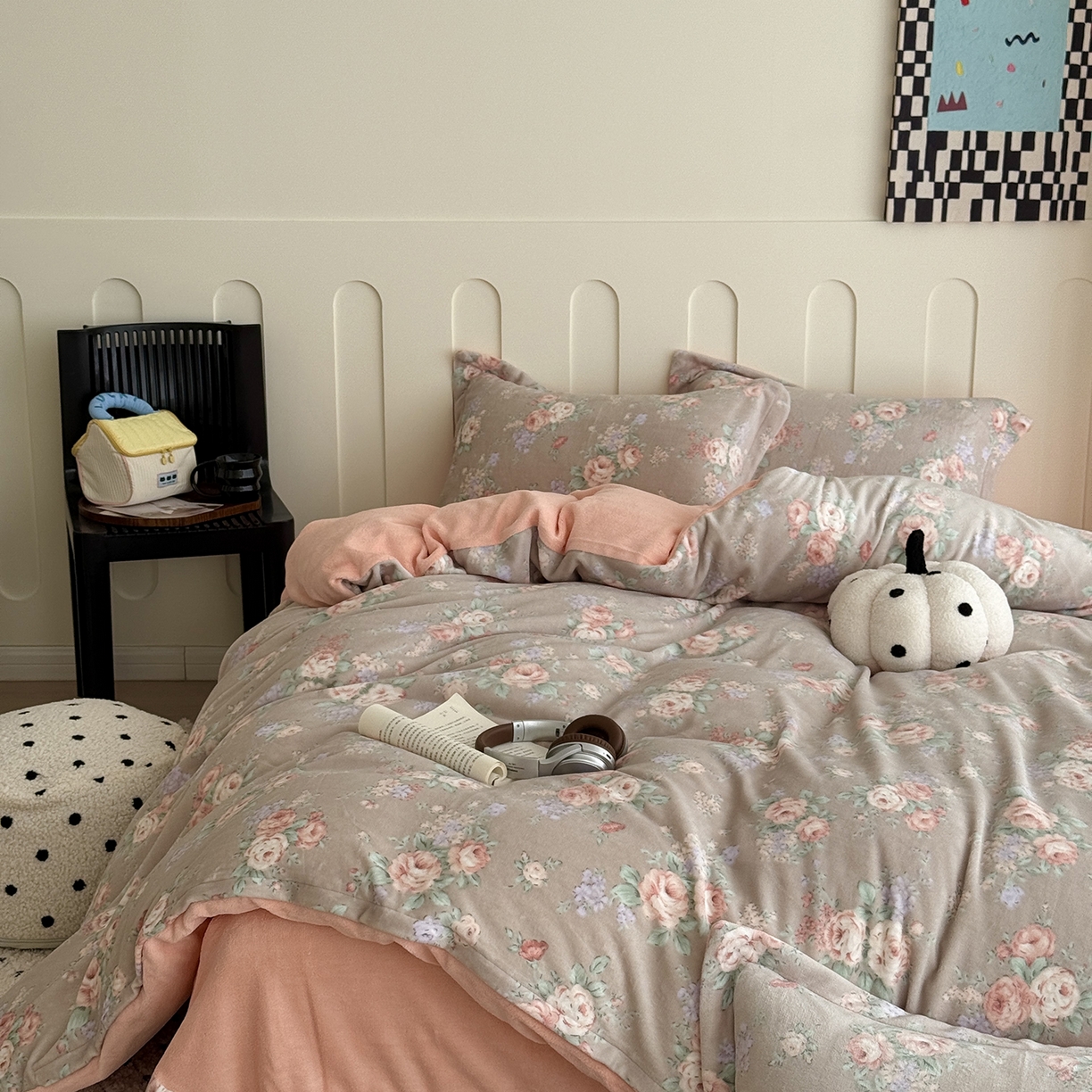 于果 2025新款牛奶绒印花四件套 花韵玫瑰-咖