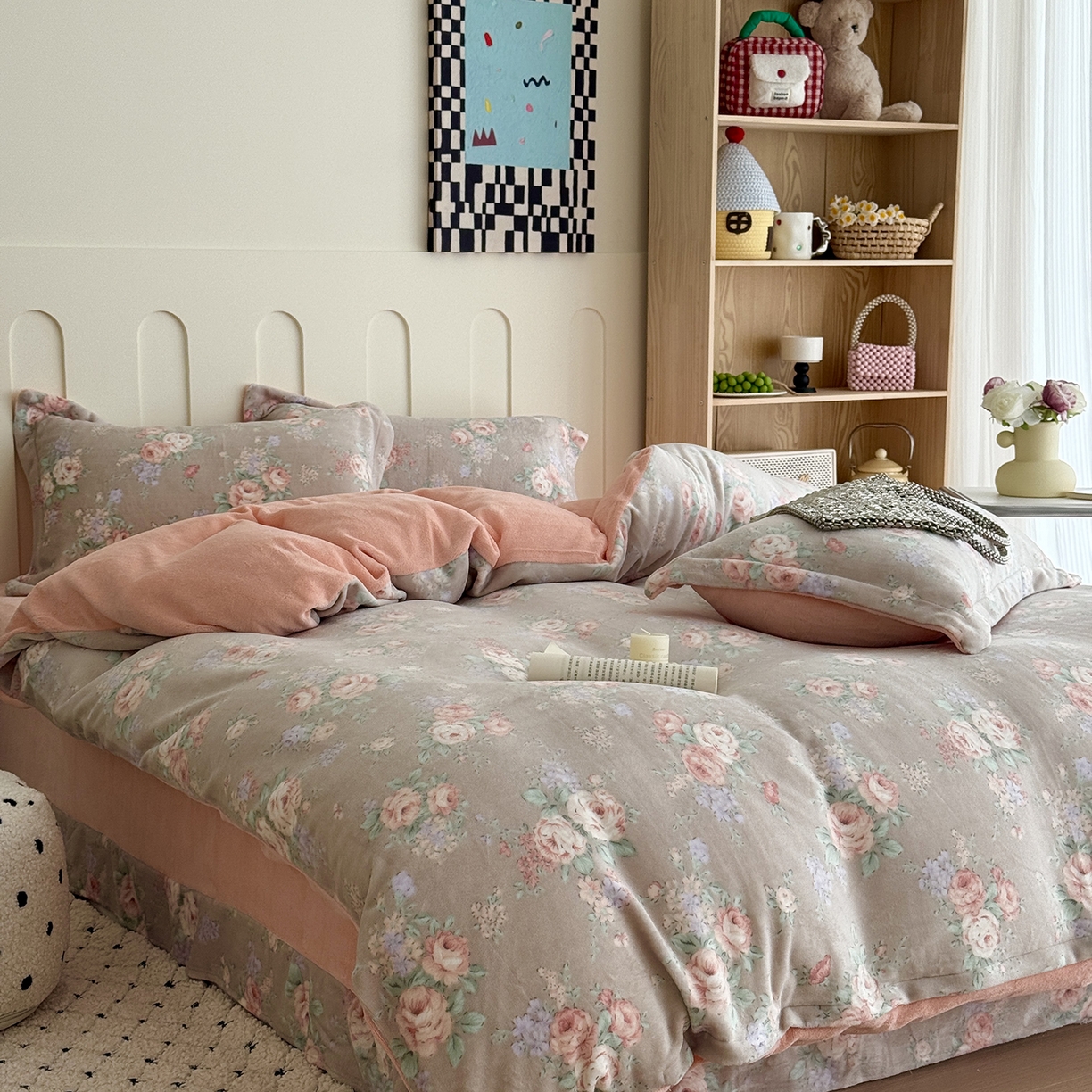 91家纺网 家纺一手货源 找家纺 于果 2025新款牛奶绒印花四件套 花韵玫瑰-咖