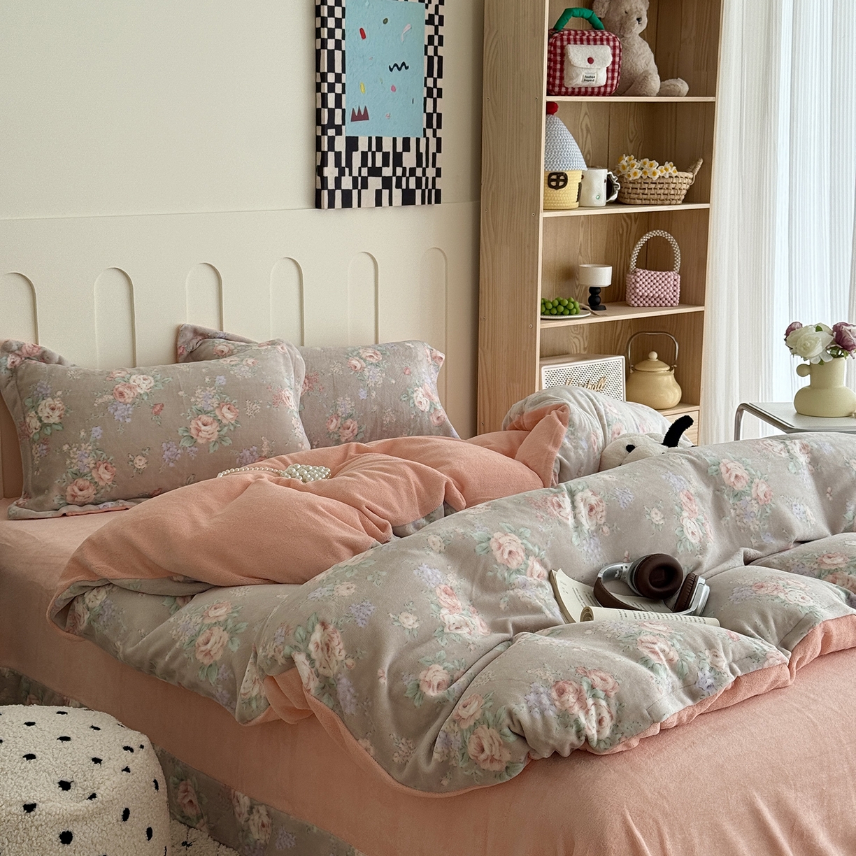 91家纺网 家纺一手货源 找家纺 于果 2025新款牛奶绒印花四件套 花韵玫瑰-咖