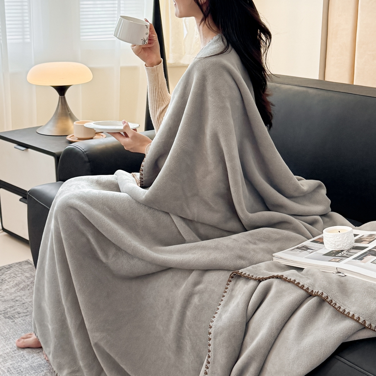 91家纺网 家纺一手货源 找家纺 格真 2025新款高克重双面仿羊绒多功能毯毛毯盖毯沙发毯午睡毯披肩毯-系列二 气质灰
