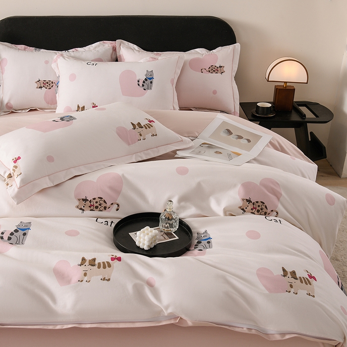 91家纺网 家纺一手货源 找家纺 金昱纺 2025新款法式加厚全棉纯棉磨毛四件套爱心猫