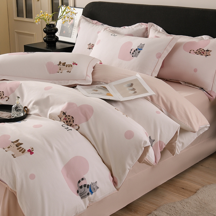 91家纺网 家纺一手货源 找家纺 金昱纺 2025新款法式加厚全棉纯棉磨毛四件套爱心猫