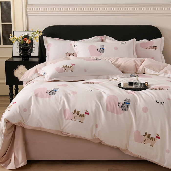 91家纺网 家纺一手货源 找家纺 金昱纺 2025新款法式加厚全棉纯棉磨毛四件套爱心猫