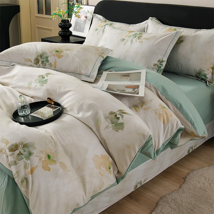 91家纺网 家纺一手货源 找家纺 金昱纺 2025新款法式加厚全棉纯棉磨毛四件套初墨-绿