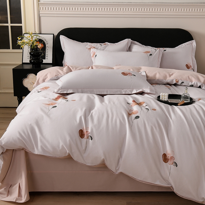 91家纺网 家纺一手货源 找家纺 金昱纺 2025新款法式加厚全棉纯棉磨毛四件套花香雨-粉