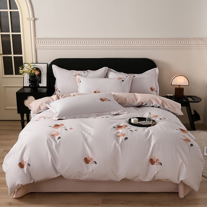 91家纺网 家纺一手货源 找家纺 金昱纺 2025新款法式加厚全棉纯棉磨毛四件套花香雨-粉