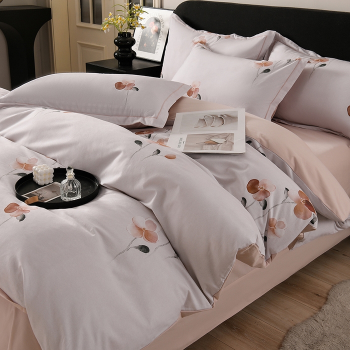 91家纺网 家纺一手货源 找家纺 金昱纺 2025新款法式加厚全棉纯棉磨毛四件套花香雨-粉