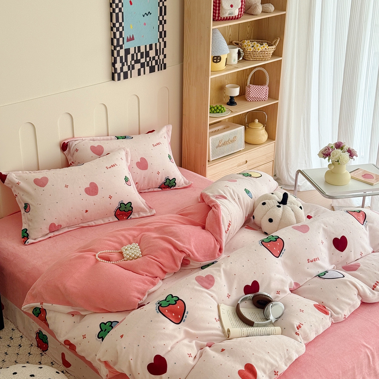 91家纺网 家纺一手货源 找家纺 于果 2025新款牛奶绒印花四件套 糖心草莓