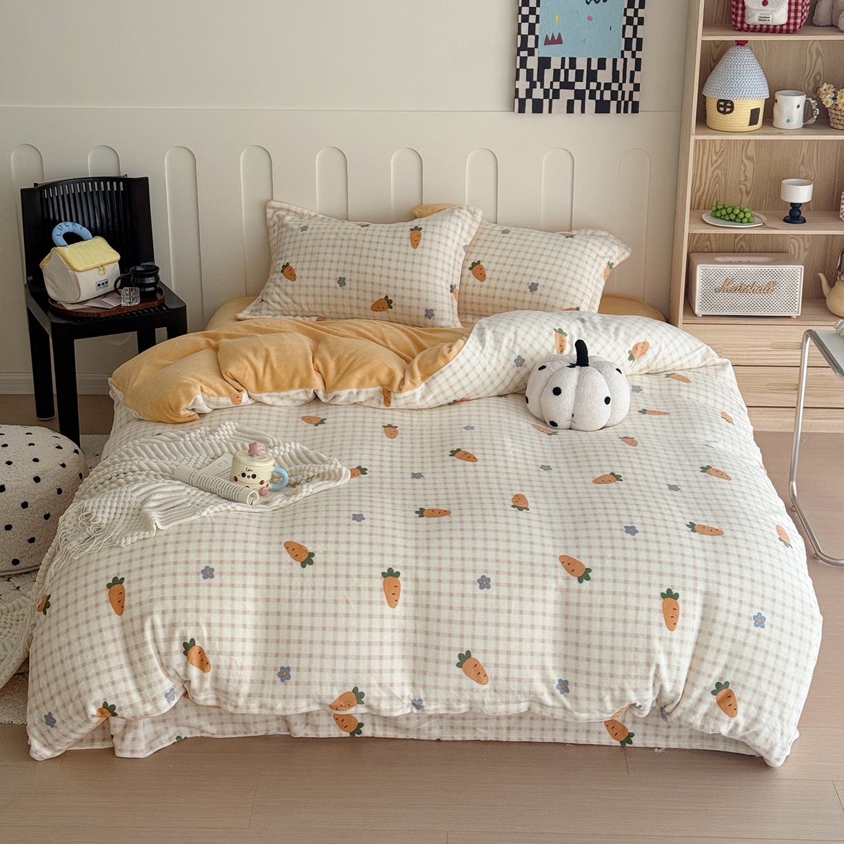 91家纺网 家纺一手货源 找家纺 于果 2025新款牛奶绒印花四件套 甜心萝卜