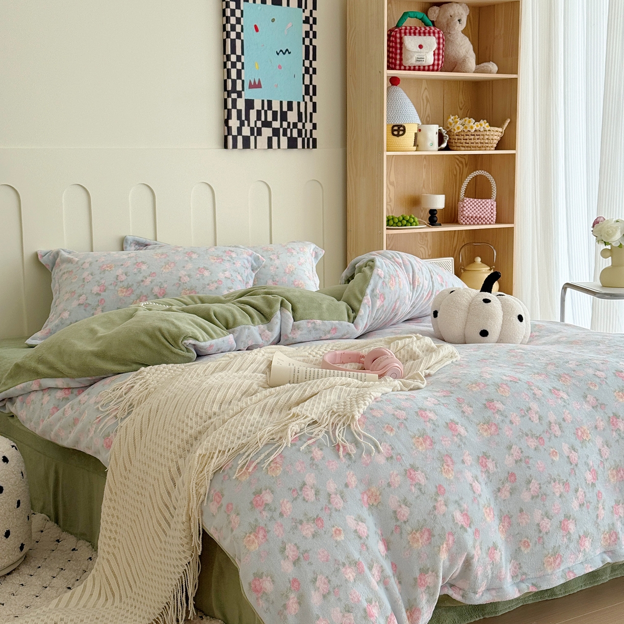 91家纺网 家纺一手货源 找家纺 于果 2025新款牛奶绒印花四件套 温馨花语-蓝