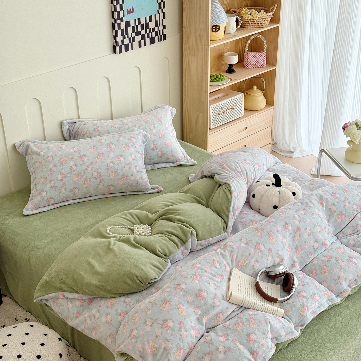 91家纺网 家纺一手货源 找家纺 于果 2025新款牛奶绒印花四件套 温馨花语-蓝