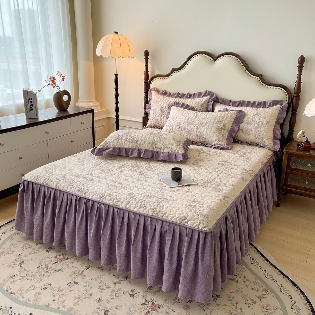 91家纺网 家纺一手货源 找家纺 笠裙家纺 2025新款加厚云感水洗棉印花夹棉床裙床罩 云黛紫