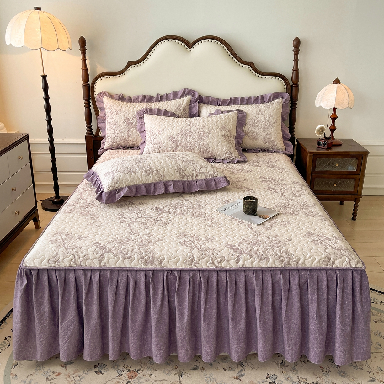 91家纺网 家纺一手货源 找家纺 笠裙家纺 2025新款加厚云感水洗棉印花夹棉床裙床罩 云黛紫