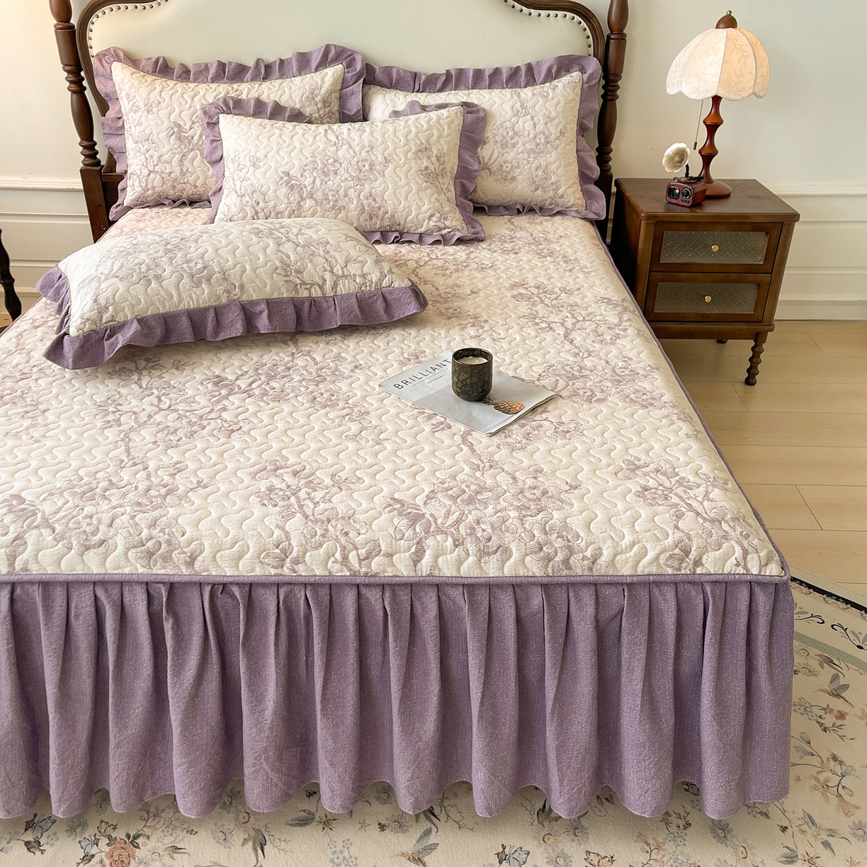 91家纺网 家纺一手货源 找家纺 笠裙家纺 2025新款加厚云感水洗棉印花夹棉床裙床罩 云黛紫