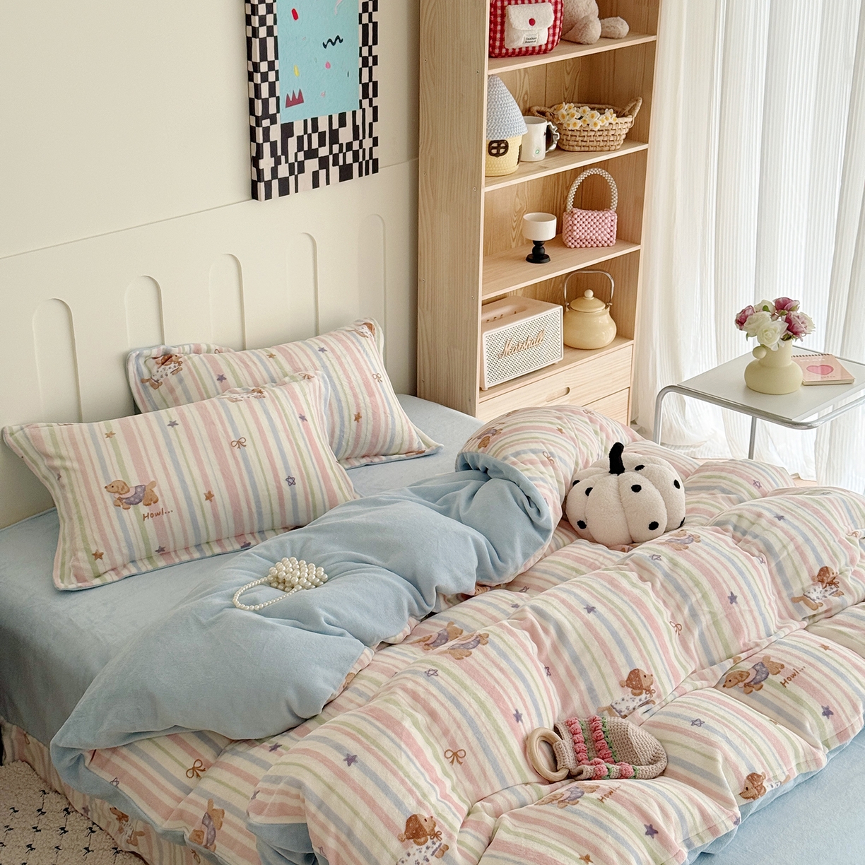 91家纺网 家纺一手货源 找家纺 于果 2025新款牛奶绒印花四件套 悦动萌宠