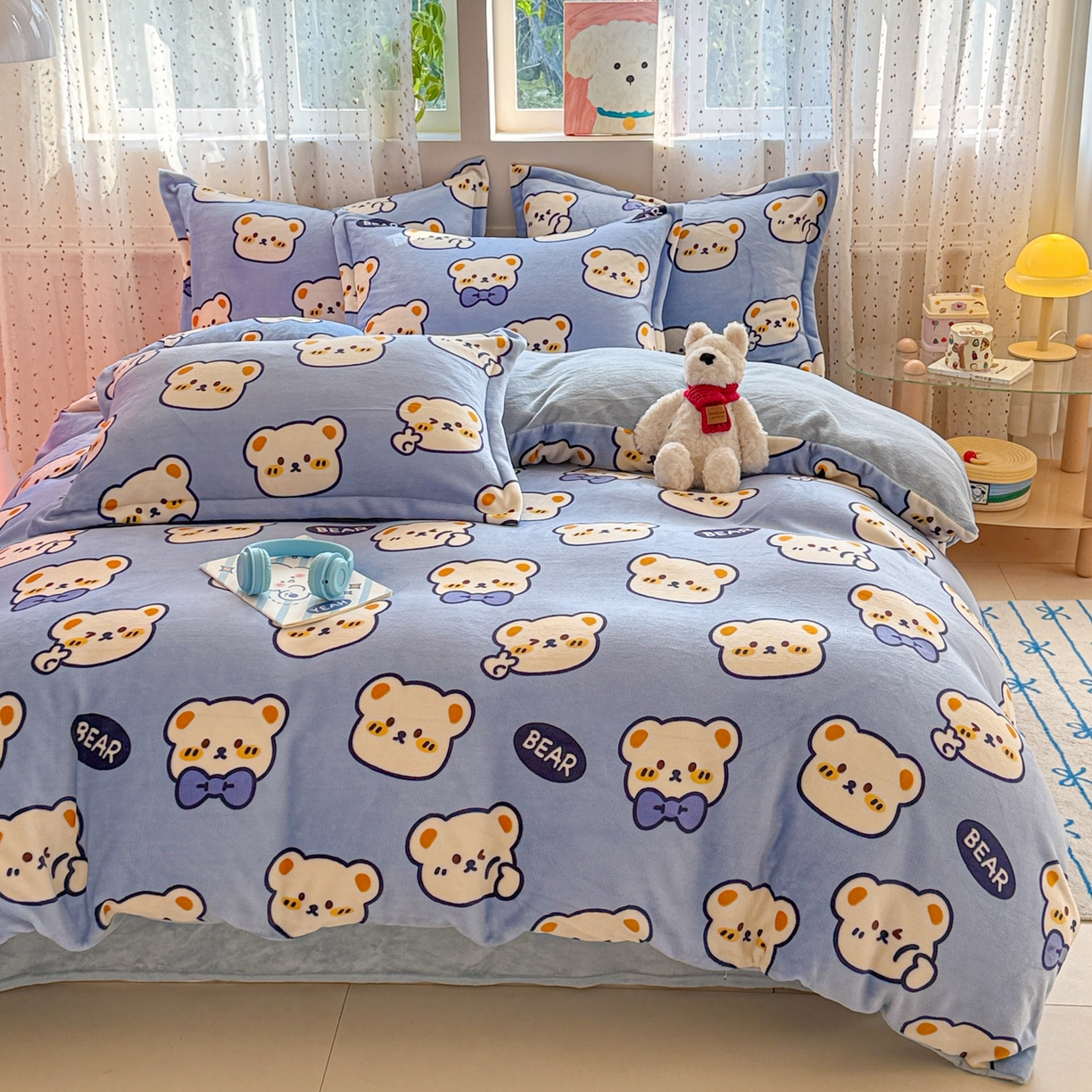 91家纺网 家纺一手货源 找家纺 慕尚家纺 2025新款田园花卉类印花牛奶绒高克重单被套 表情熊