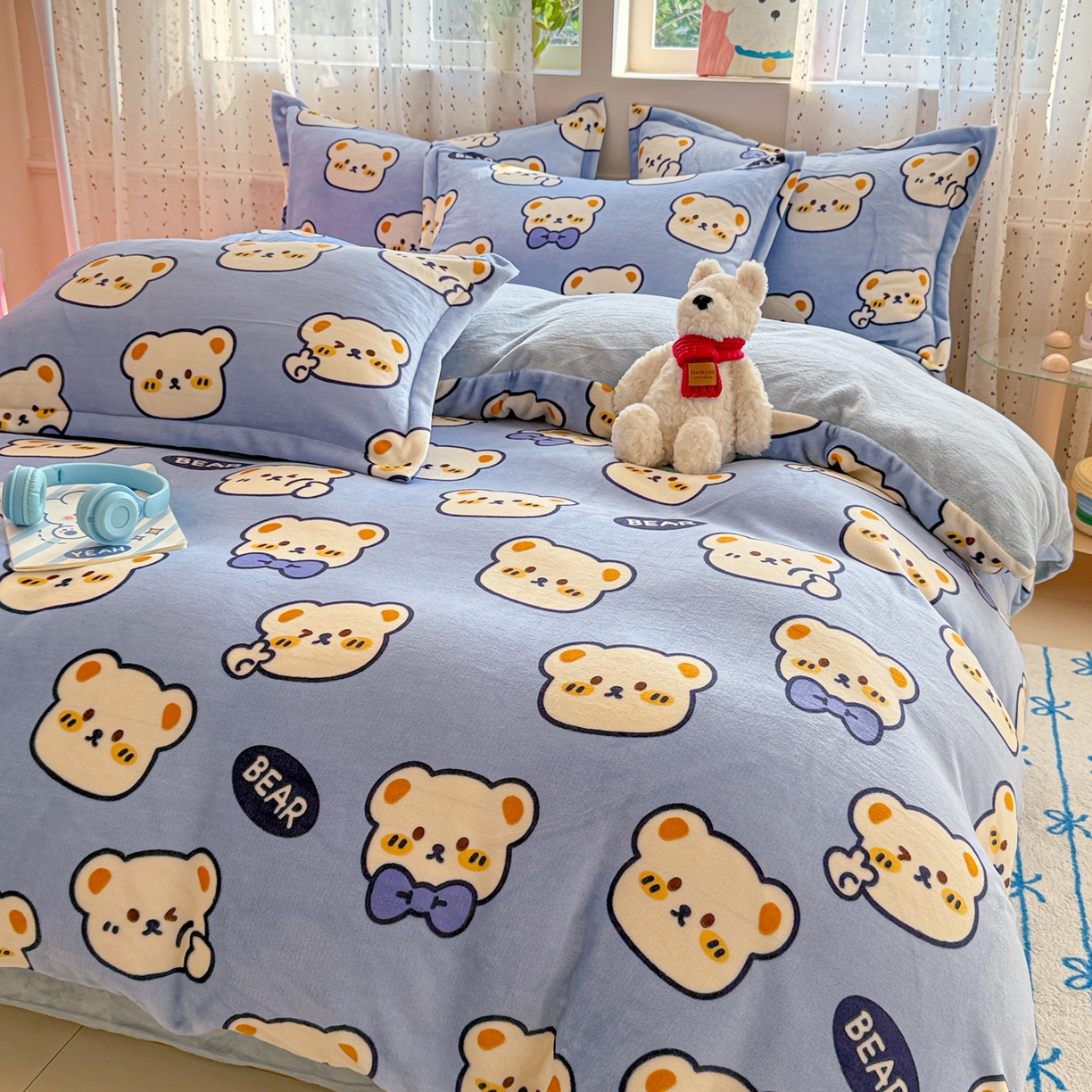 91家纺网 家纺一手货源 找家纺 慕尚家纺 2025新款田园花卉类印花牛奶绒高克重单被套 表情熊