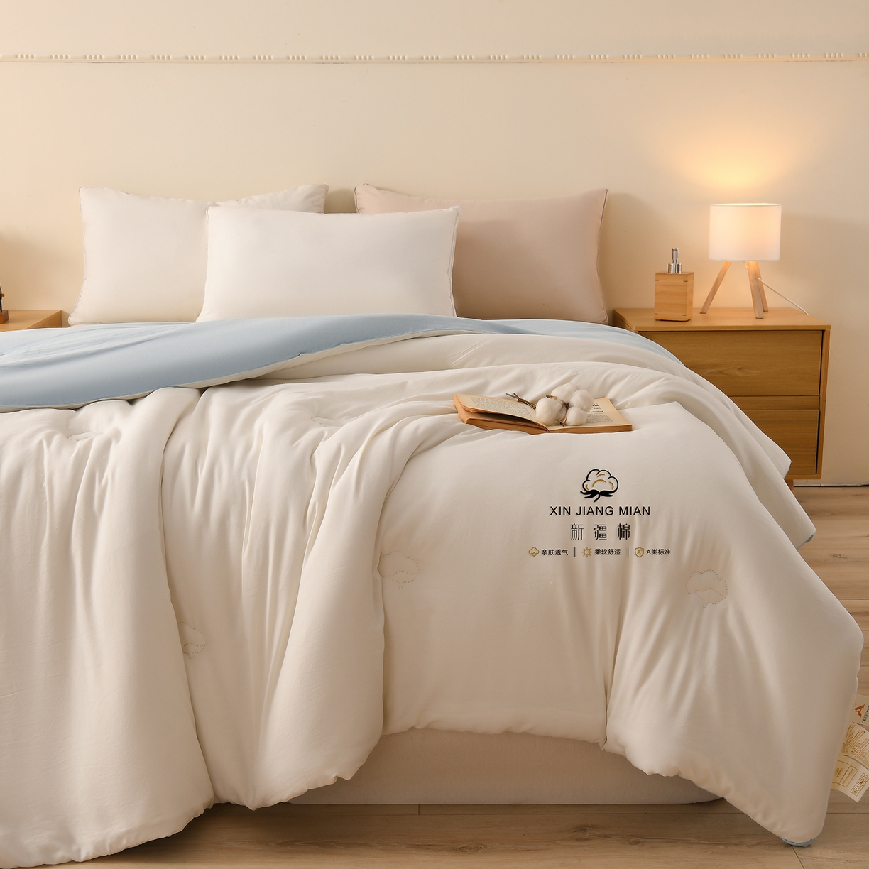 91家纺网 家纺一手货源 找家纺 锦逸家居 2025新款亲肤舒适水洗棉新疆棉花被被子被芯 白蓝