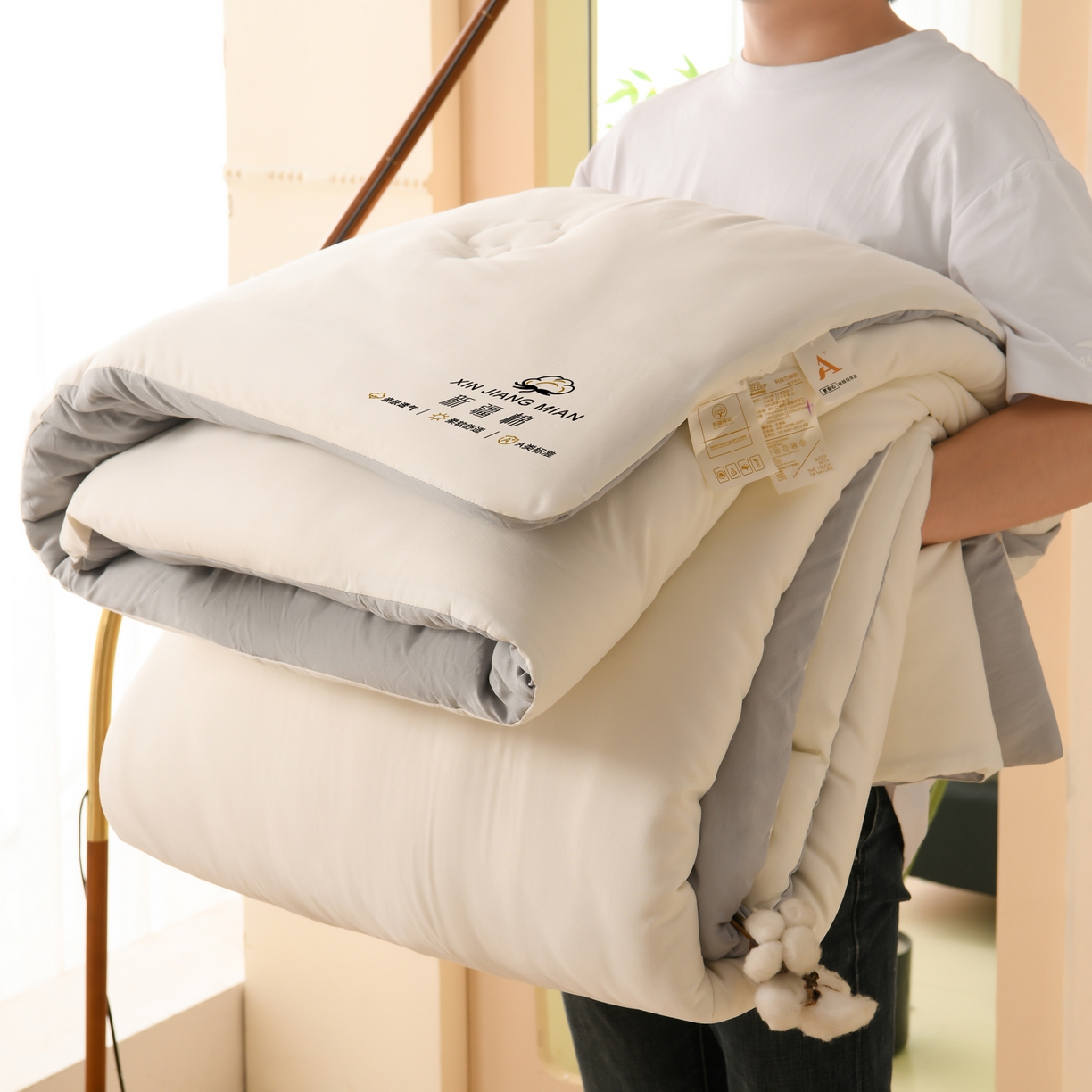 91家纺网 家纺一手货源 找家纺 锦逸家居 2025新款亲肤舒适水洗棉新疆棉花被被子被芯 白灰