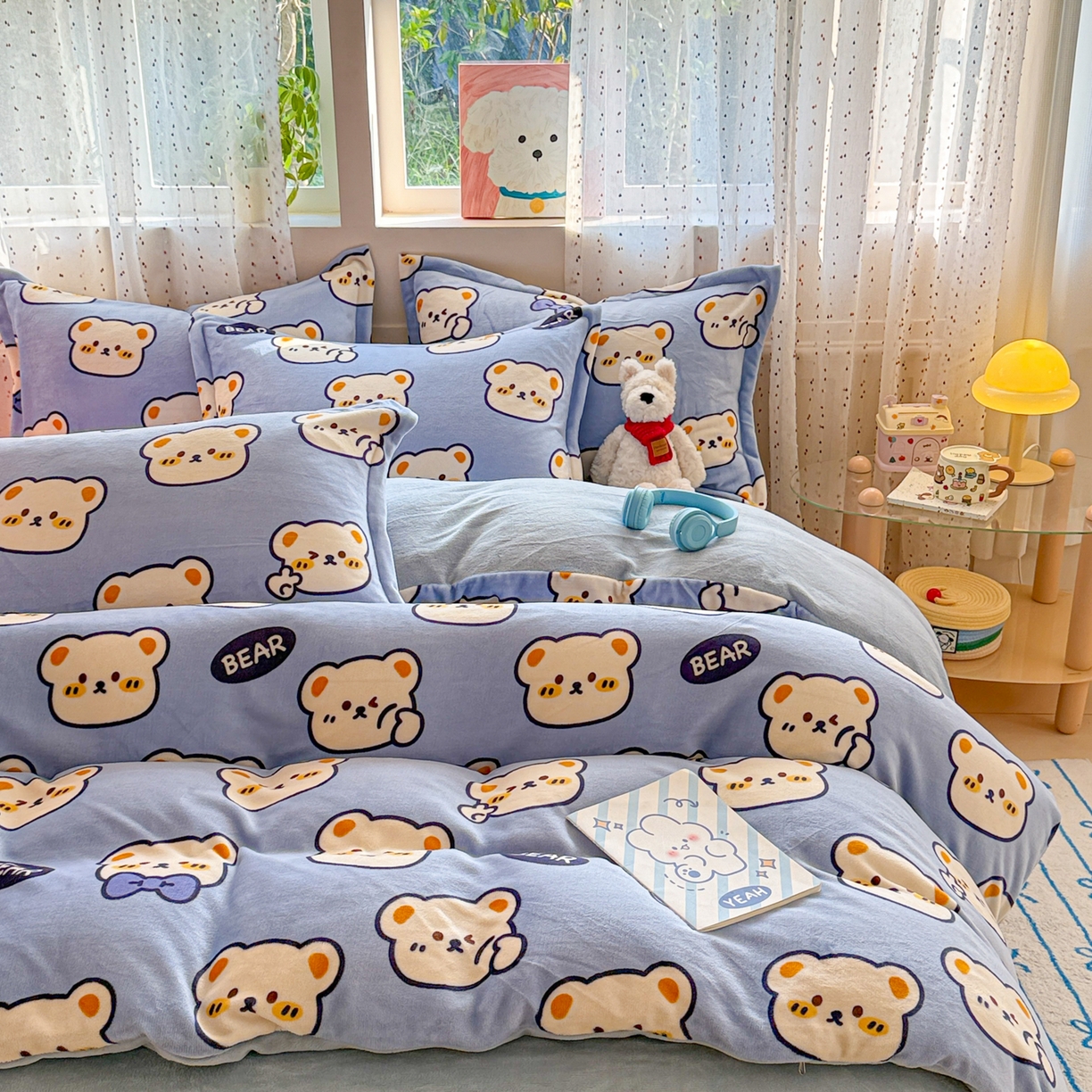 91家纺网 家纺一手货源 找家纺 慕尚家纺 2025新款高克重田园花卉类加厚牛奶绒3.5kg四件套 表情熊