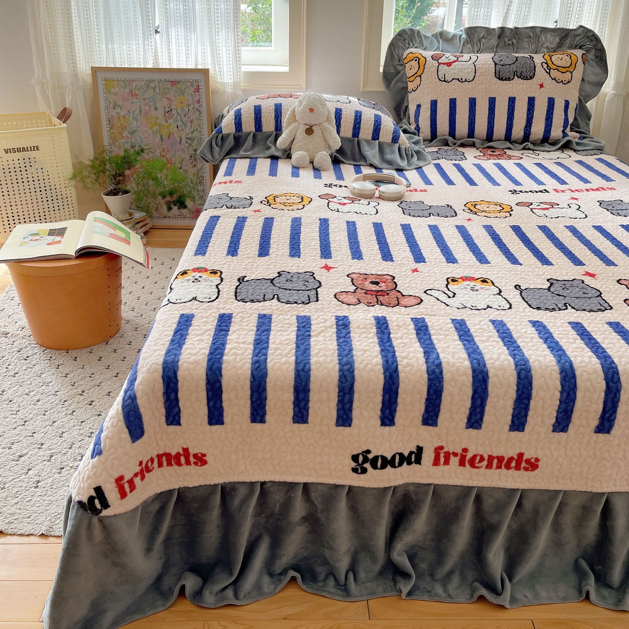 91家纺网 家纺一手货源 找家纺 （总）红嘴企鹅 2025新款花边加厚牛奶绒单品床盖单件床盖三件套