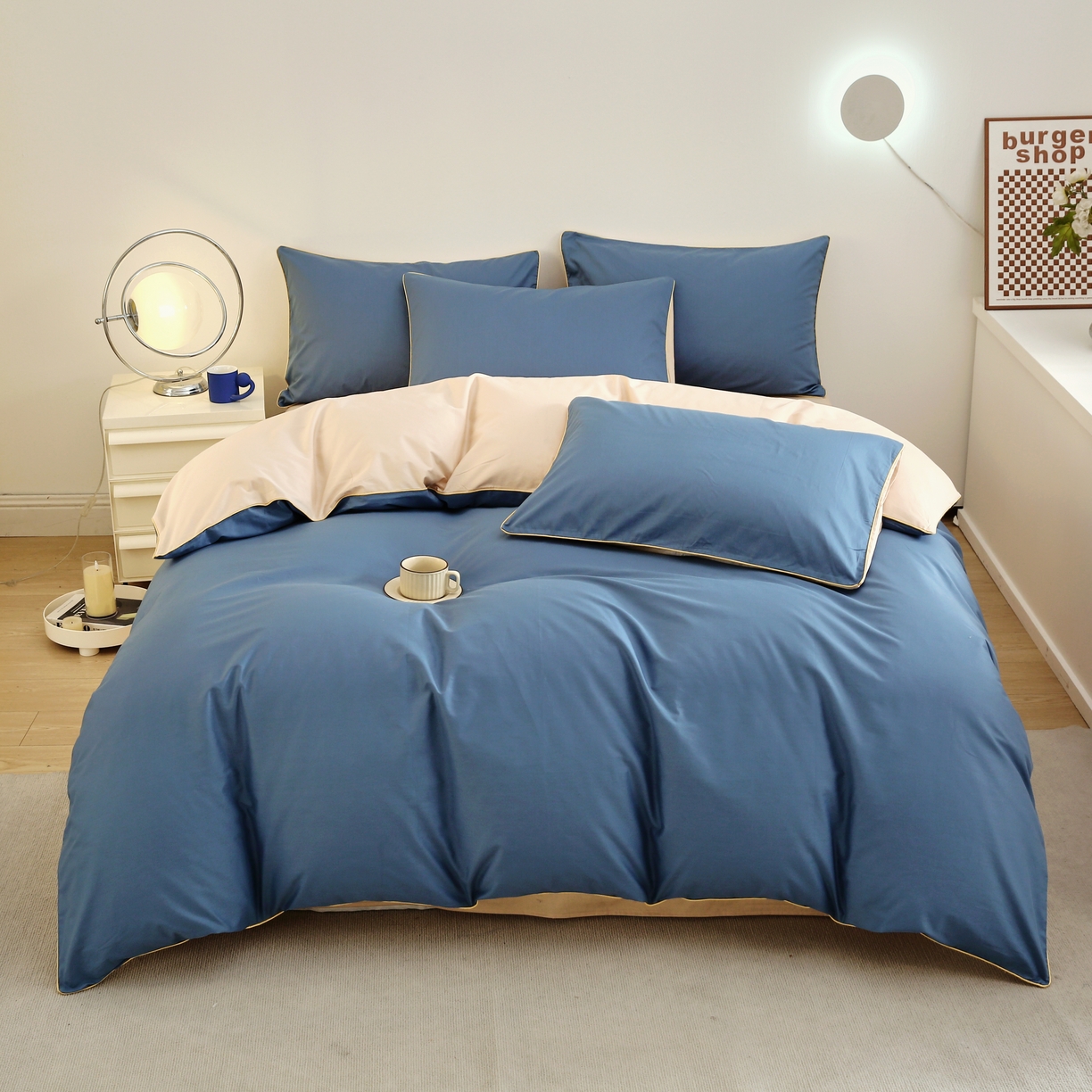 悦然毛巾被 2025新款全棉纯棉素色双拼四件套 宾利蓝+曲奇